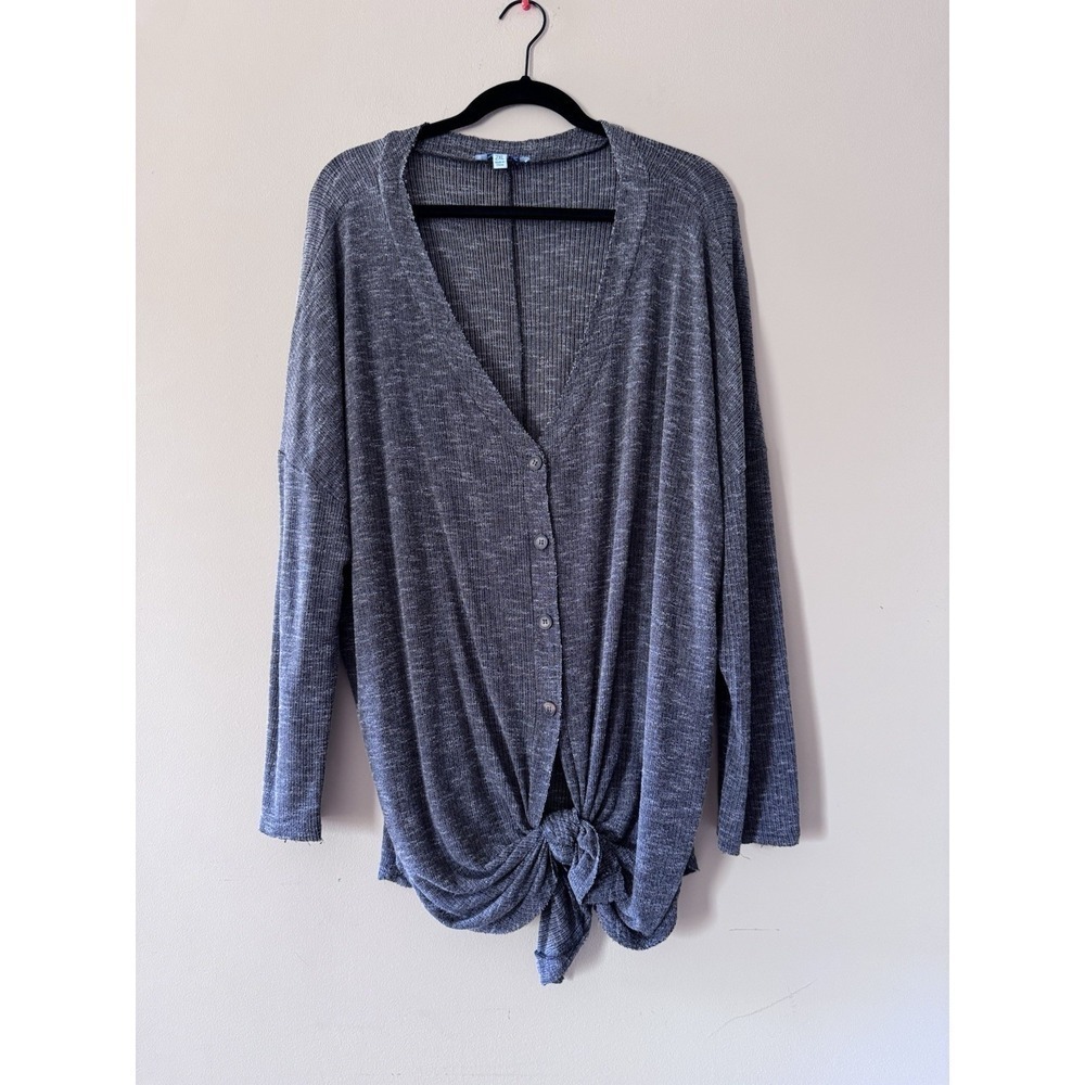 She + Sky Size 2xl Gray Button Down Front Tie Blouse Oversized & Stretchy